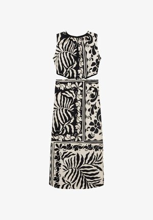 Sort og hvid kjole med ærmeløs design, der har blomster- og bladmønstre på et tekstureret stof; knelængde med rund halsudskæring.