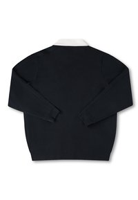Black long-sleeve sweater with a white collar, smooth texture, relaxed fit, and ribbed cuffs, featuring no visible patterns or hardware.