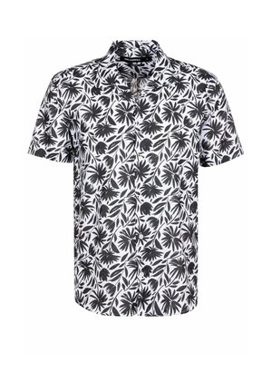 Short-sleeve button-up shirt with black floral and leaf pattern on white background, spread collar, and Karl Lagerfeld label.