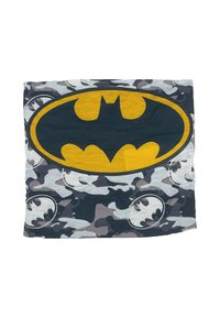 Tissu sur le thème de Batman avec un grand logo jaune sur un fond gris camouflage. Des symboles de chauve-souris notables intercalés dans le motif. Texture en coton.