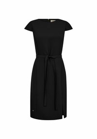 Rochie neagr�ă cu mâneci scurte, un corset ajustat și un cordon la talie. Prezintă o fanta pe lateral și un accent discret cu logo aproape de tiv.