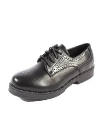 Scarpe stringate in pelle nera con dettagli perforati, punta arrotondata e finitura testurizzata. Presentano una suola in gomma robusta e accenti cuciti.