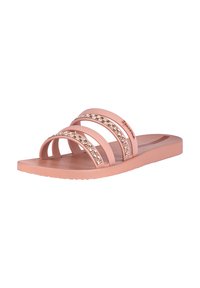 Rosa Slip-On-Sandalen mit drei breiten Riemen, die mit kristallähnlichen Akzenten verziert sind. Flache Sohle mit strukturiertem Muster für besseren Grip.