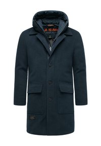 Tamno plavi vuneni kaput s kapuljačom, s prednjim zatvaračem na patentni zatvarač, zatvaranjem na gumbe, dva prednja džepa i oznakom na rubu.