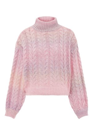 Maglione lavorato a maglia con colletto alto, design a trecce testurizzate e tonalità sfumate di rosa. Materiale morbido con polsini e orlo a coste.