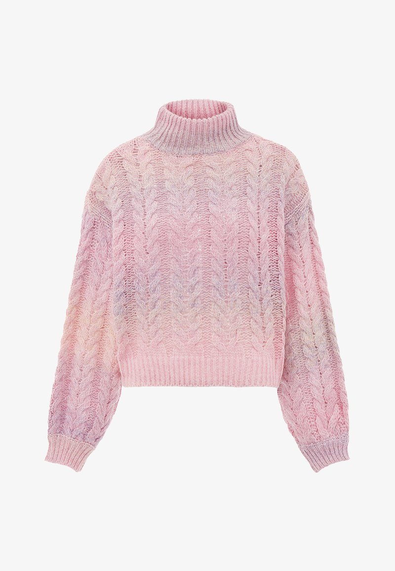 Strickpullover mit hohem Kragen, strukturiertem Kabeldesign und einem Farbverlauf in Pinktönen. Weiches Material mit gerippten Bündchen und Saum.