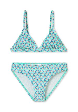 Tweedelig bikini met blauw, groen en roze regenboogpatroon op een licht turquoise achtergrond.