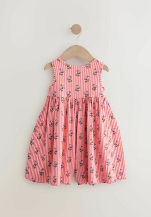 Pink striped dress with floral print, sleeveless design, gathered skirt, and round neckline. Made from lightweight fabric, hangs on a wooden hanger.