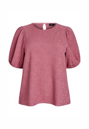 Vaaleanpunainen lyhythihainen paita, jossa on teksturoitu kukkakuosi, pyöreä pääntie ja avainaukko takana. Rennon mallinen, jossa on puffihihat.