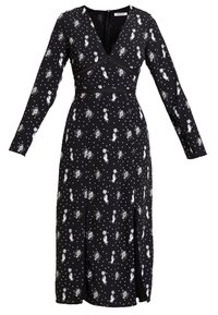 Černé dlouhé šaty s dlouhým rukávem, V-výstřihem, se vzorem bílých teček a figur, detaily v pase a bočním rozparkem.
