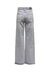 Graue Jeans mit weitem Bein und hoher Taille, aus Denim gefertigt. Verfügt über eine Rückennaht, zwei Gesäßtaschen und einen glatten Bund mit einem Etikett.