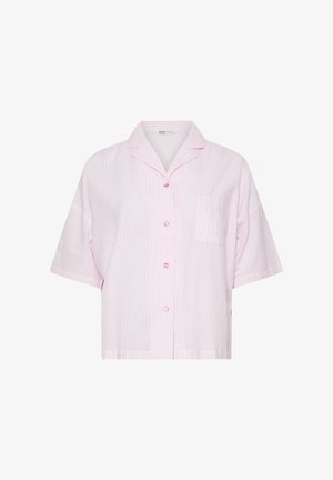Różowo-biała w paski koszula na krótki rękaw z guzikami, z kołnierzykiem i jedną kieszenią na piersi. Miękka tkanina o luźnym kroju.
