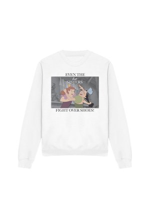 White sweatshirt featuring a graphic with two cartoon characters fighting over shoes, accompanied by the text "Even the best sisters fight over shoes!"
