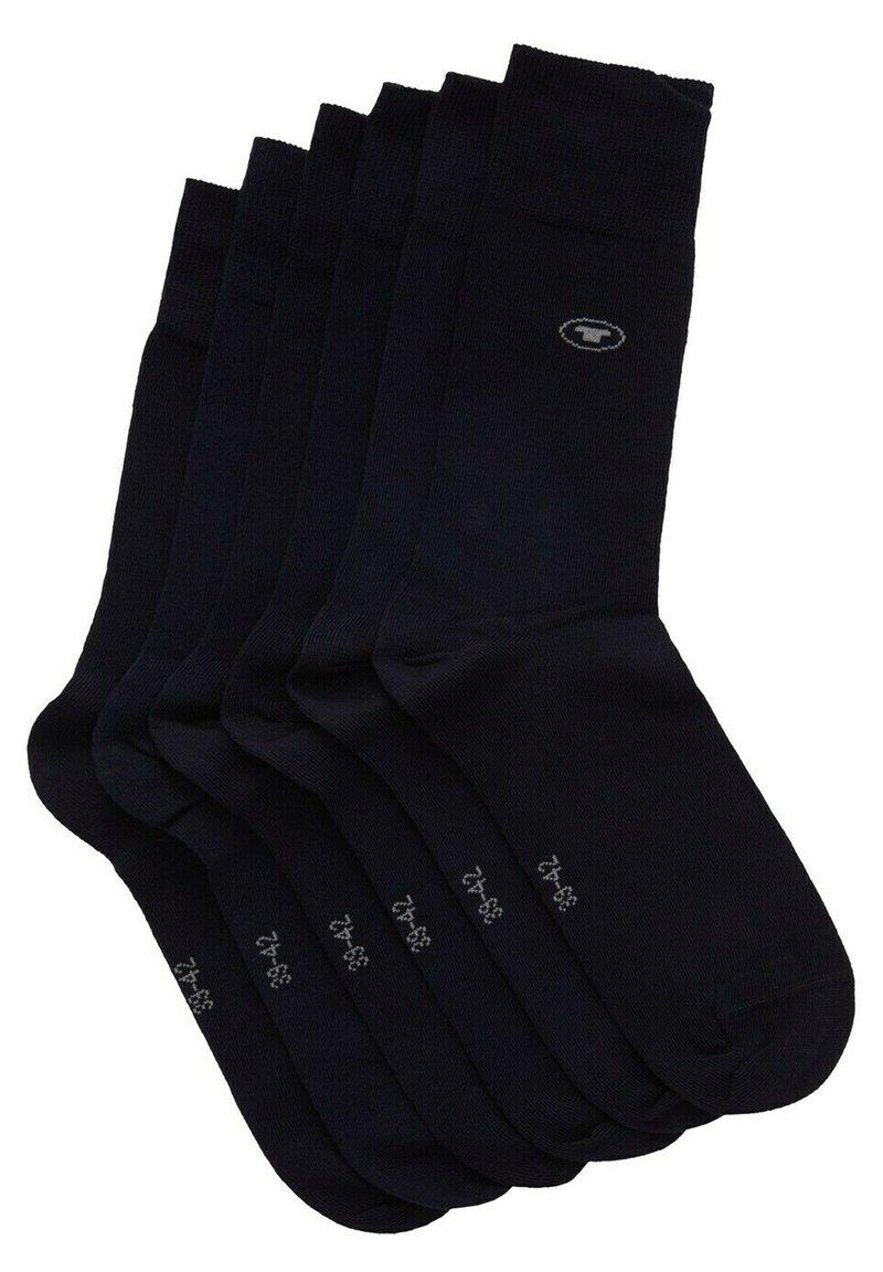 Calzini crew di un blu navy scuro, con una texture liscia, banda superiore a coste e un piccolo dettaglio del logo vicino alla caviglia; disponibili in un pacco di sei.