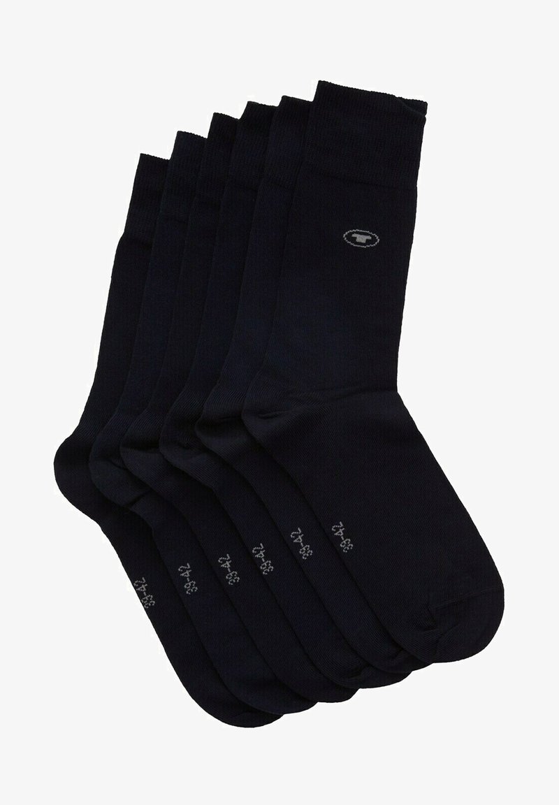 Mørkeblå crew-sokker med en glat tekstur, ribbet topbånd og en lille logo-detalje nær anklen; tilgængelige i en pakke med seks.