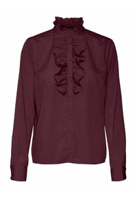 Burgundy blouse with a high ruffled collar, button-front, long sleeves, and small dot pattern throughout the fabric. Smooth texture.