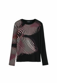 Czarna koszula z długim rękawem o żebrowanej fakturze, z wielokolorowym wzorem fal w odcieniach różu i bieli. Okrągły dekolt; luźny krój.