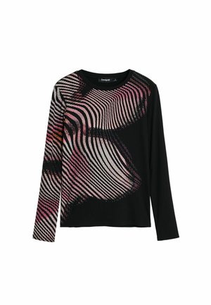 Cămașă neagră cu mânecă lungă, din material texturat ribbed, având un model de valuri multicolore în roz și alb. Gât rotund; croi lejer.
