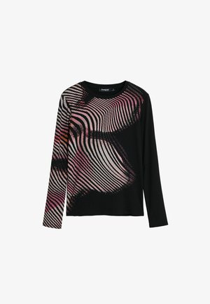 Čierna dlhá rukávová košeľa s ryhovanou textúrou, ktorá má viacfarebný vlnitý vzor v ružovej a bielej farbe. Okrúhly výstrih; uvoľnený strih.