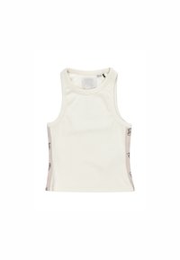 Hvid tanktop med en tætsiddende design, ribbet struktur og kontrastfarvede beige sidelapper med subtile trykte grafikker.