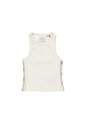 Débardeur blanc au design ajusté, texture côtelée et panneaux latéraux beiges contrastants ornés de graphismes imprimés subtils.