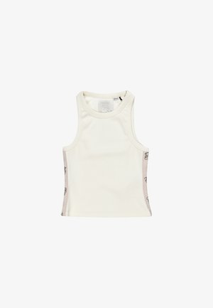 Débardeur blanc au design ajusté, texture côtelée et panneaux latéraux beiges contrastants ornés de graphismes imprimés subtils.
