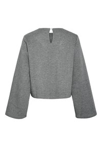 Grijs cropped top met lange mouwen, brede mouwen, een keyhole-rug en een enkele knoopsluiting bij de halslijn.