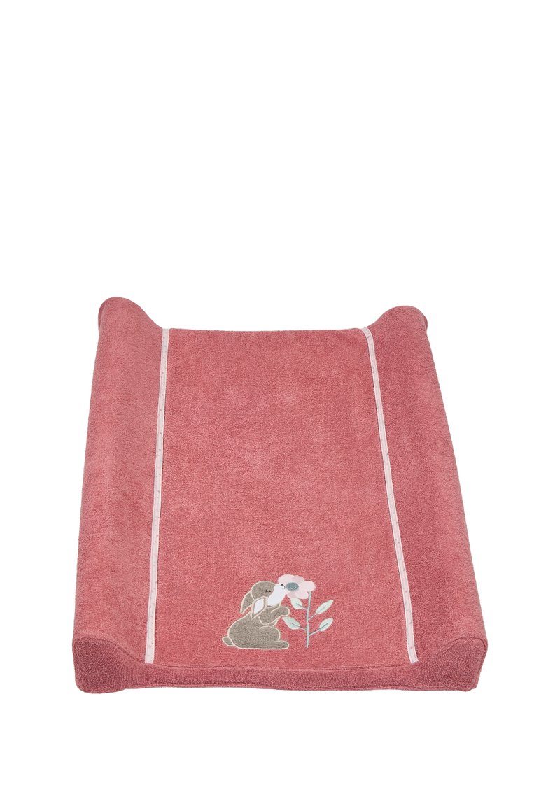 Soft, pink towel with a textured finish, featuring a bunny and flower embroidery at the bottom. Edges have light-colored piping.