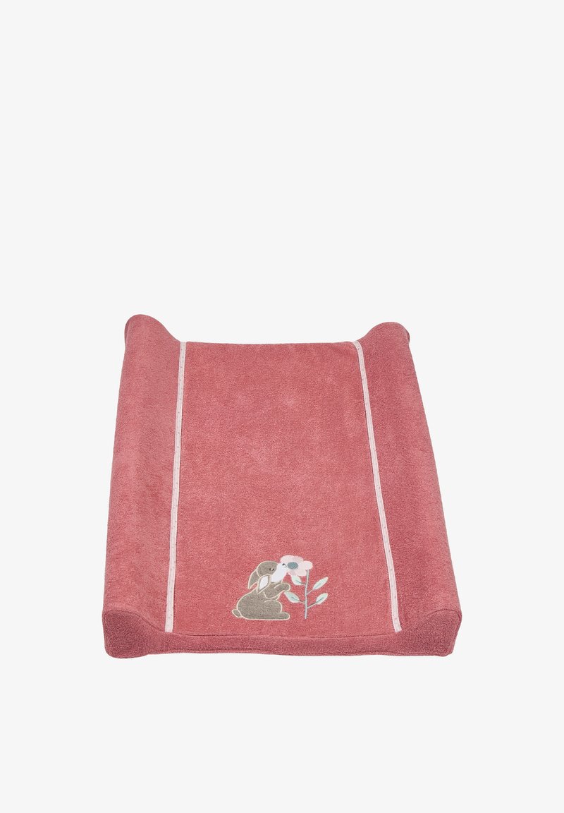 Soft, pink towel with a textured finish, featuring a bunny and flower embroidery at the bottom. Edges have light-colored piping.