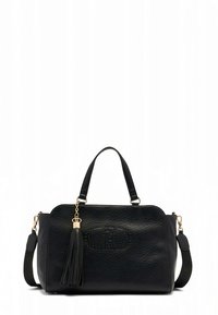 Borsa a mano in pelle nera con dettagli dorati, design strutturato, manici superiori e tracolla removibile. Presenta un nappina e logo in rilievo.