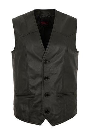 Black leather sleeveless vest with four buttons, two front slit pockets, and V-neck collar, tailored for a men's fit.