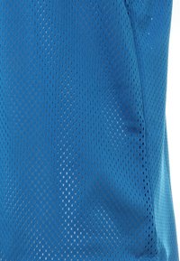 Primer plano de una tela de malla azul con pequeñas perforaciones ovaladas, espaciadas uniformemente y costura visible a lo largo de los bordes.