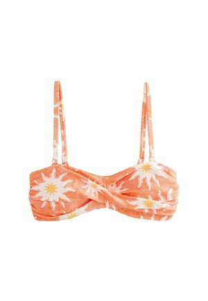 Oranges Bikinioberteil mit gedrehtem Vorderteil, dünnen Trägern und weißen Sonnenmustern mit gelben Zentren auf dem Stoff.