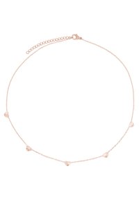 Collier chaîne en or rose avec cinq accents en forme de cœur texturé le long de la longueur. Comprend un fermoir et une chaîne ajustable.