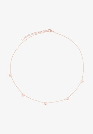 Collier chaîne en or rose avec cinq accents en forme de cœur texturé le long de la longueur. Comprend un fermoir et une chaîne ajustable.