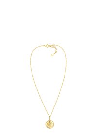 Gylden halskæde med en rund vedhæng i solstråle-design og lille central ædelsten, hængende på en delikat kæde.