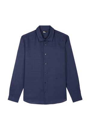 Marineblaue, langärmelige Hemd mit Knöpfen, klassischem Kragen und schwarzen Knöpfen, flach auf einem weißen Hintergrund ausgelegt.