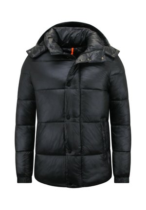 Zwarte gewatteerde winterjas met drukknopen, zijzakken en een hoge kraag met een afneembare capuchon.