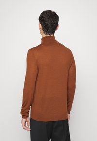 Mann, der sich abwendet, trägt einen rostfarbenen Rollkragenpullover und schwarze Hosen vor einem einfarbigen hellen Hintergrund.