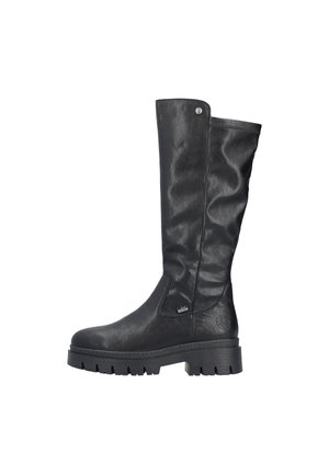 Bottes en cuir noir montantes, avec une texture légèrement froissée, bout rond et semelle en caoutchouc noir épaisse. Présente un logo sur le côté.