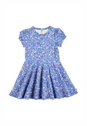 Blue short-sleeve dress with flared skirt, covered in small white, pink, and light blue floral pattern.