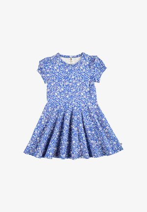 Sininen lyhythihainen mekko liehuvalla hameella, joka on peitetty pienellä valkoisella, vaaleanpunaisella ja vaaleansinisellä kukkakuviolla.