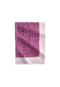 Foulard en soie carré de couleur violet profond avec un motif tacheté blanc. Présente une bordure rose pâle avec des accents rayés subtils le long des bords.