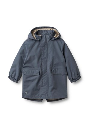 Blauer wasserdichter Kinder-Regenmantel mit Kapuze, elastischen Bündchen und zwei vorderen Klappentaschen, beiges Innenfutter sichtbar in der Kapuze.