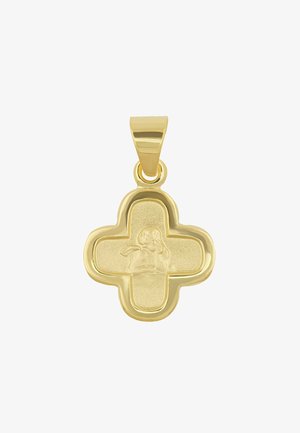 Pendentif en or en forme de croix présentant un relief de lapin, surface lisse avec un centre texturé, finition polie et une bélière pour le suspendre.