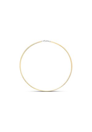 Goldene Ohrringe mit einem glatten, runden Design. Verfügt über einen einfachen Verschluss und eine glänzende Oberfläche, ohne Muster oder Verzierungen.