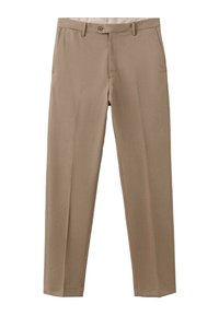 Pantaloni beige su misura con fronte piatto, due tasche laterali e chiusura con un bottone. Realizzati in tessuto liscio, design a gamba dritta.