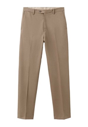 Pantalones beige ajustados con frente plano, dos bolsillos laterales y cierre de un botón. Fabricados en tejido suave, diseño de pierna recta.