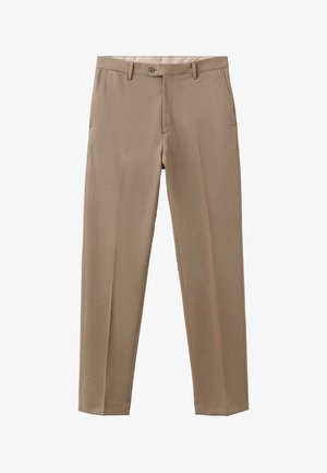 Beżowe dopasowane spodnie z gładkim przodem, dwoma bocznymi kieszeniami i pojedynczym zapięciem na guzik. Wykonane z gładkiego materiału, proste nogawki.