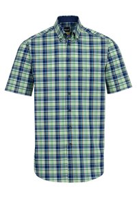 Camicetta a maniche corte con bottoni in un motivo a quadri verde e blu navy. Presenta un colletto, una tasca frontale e bottoni di plastica. Materiale in cotone.
